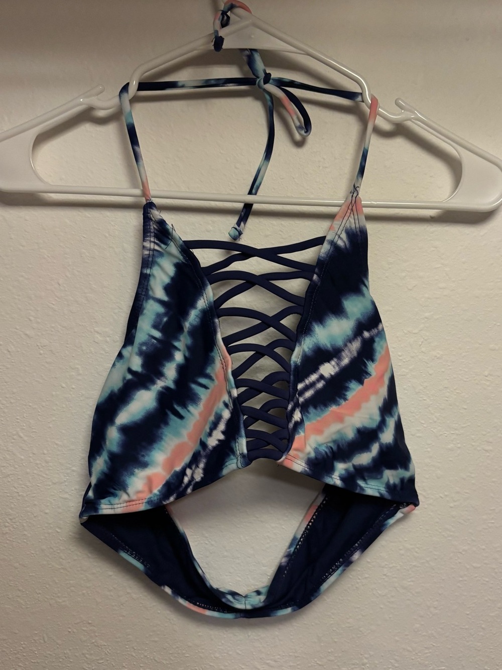 SO Tie-Dye Lace-Up Bikini Top in Navy, Aqua & Coral
